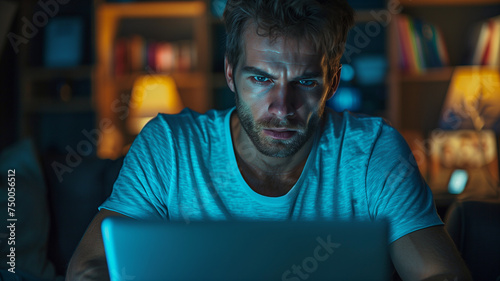 Tired man working at home on a laptop, remote work