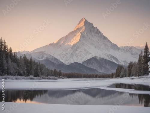 Snowy mountain sunrise reflection
