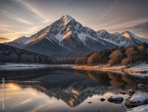 Mountain reflection in serene lake at sunset