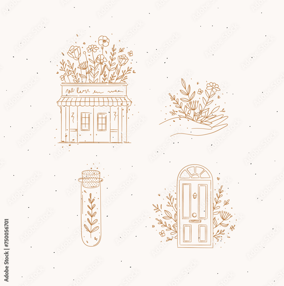 Hand drawn store, hand, test tube, door icons drawing in floral style on beige background