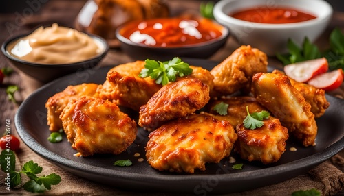 Fried nuggets of chicken breast with sauce