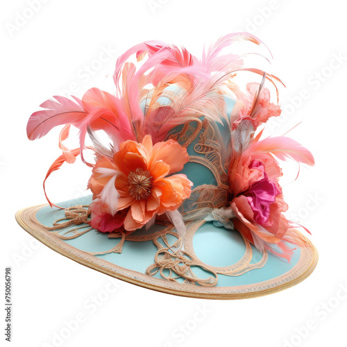 Elegant pastel blue ladies' hat adorned with a vibrant array of feathers and silk flowers, creating a charming accessory, Concept of spring fashion and Kentucky Derby style photo