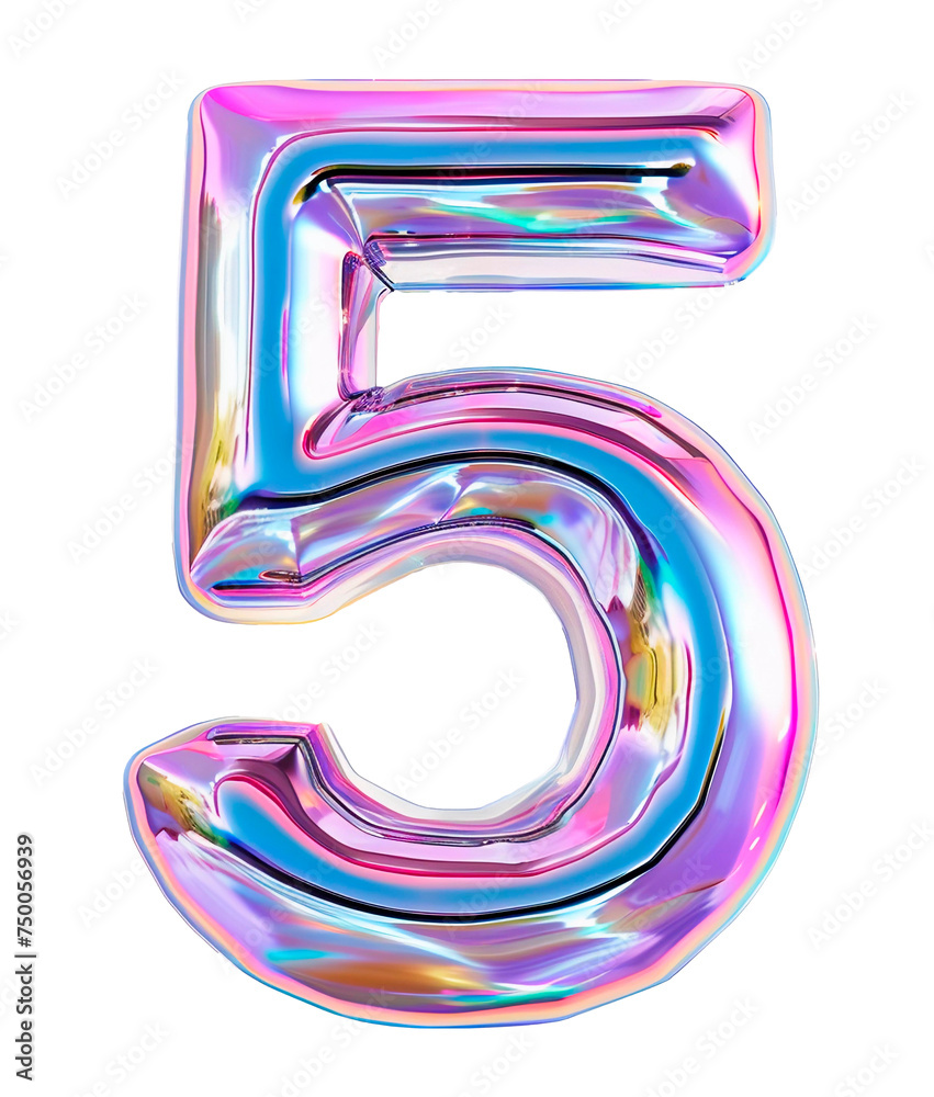Holographic number 5 with reflective surface. Metallic bubble form with shine Y2K design. Holographic number 5 with reflective surface. Metallic bubble form with shine Y2K design.
