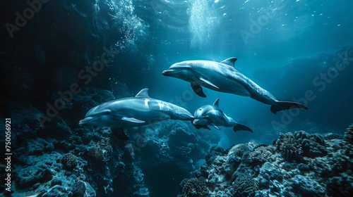 Dolphins swimming in clear blue ocean waters. Aquatic Sealife. Ocean. Endangered. Intelligent species.  © steve