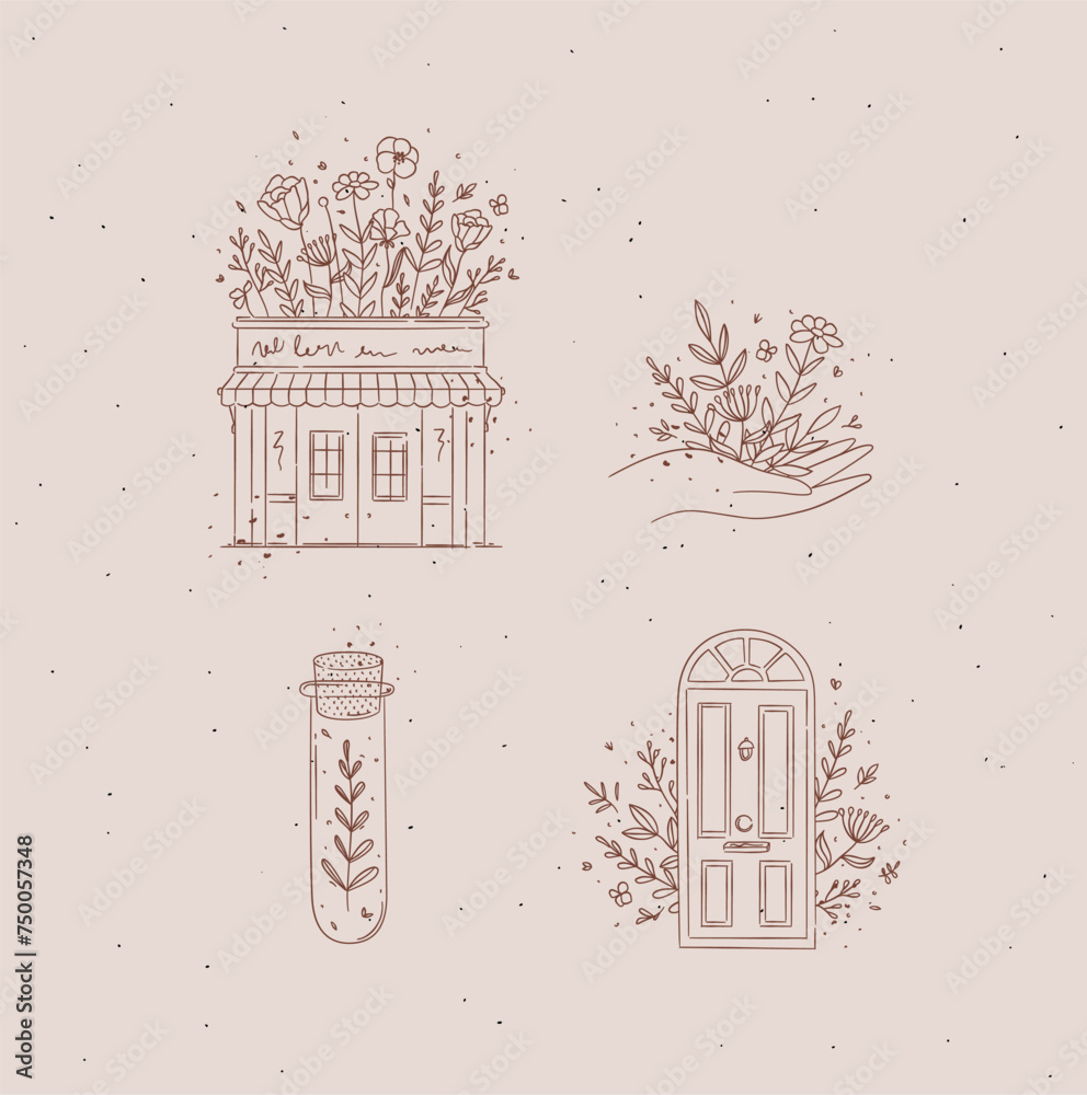 Hand drawn store, hand, test tube, door icons drawing in floral style with brown on pink background