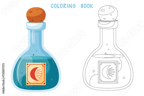 Coloring book of illustration of flasks with potion. Game potion. Coloring page of magic phials, magic bottles for witchcraft, elixir, love potion poison and antidote.