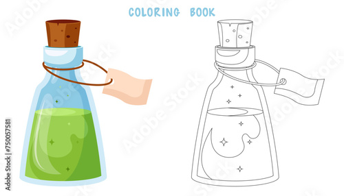 Coloring book of illustration of flasks with potion. Game potion. Coloring page of magic phials, magic bottles for witchcraft, elixir, love potion poison and antidote.