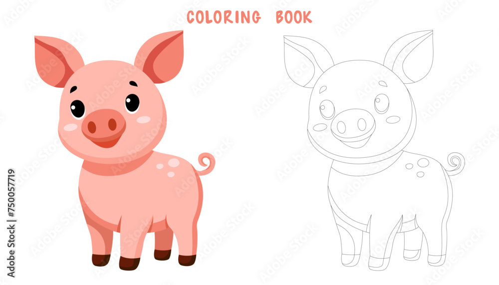 Coloring page of cute funny pig, happy little piggy. Coloring book of cute farm animal isolated on white background. Flat vector illustration. Coloring page of cute funny pig, happy little piggy. Coloring book of cute farm animal isolated on white background. Flat vector illustration.