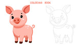Coloring page of cute funny pig, happy little piggy. Coloring book of cute farm animal isolated on white background. Flat vector illustration.