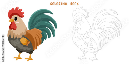 Coloring page of cute funny rooster  happy little chicken. Coloring book of cute farm animal isolated on white background. Flat vector illustration.