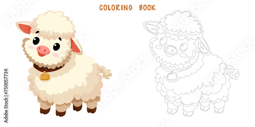 Coloring page of cute funny sheep, happy little yeanling. Coloring book of cute farm animal isolated on white background. Flat vector illustration.
