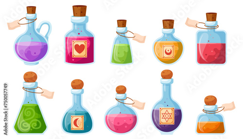 Set of illustrations of flasks with potions. Collection of game potions. Magic phials 2D game UI icons asset, magic bottles for witchcraft, elixir, love potion poison and antidote.