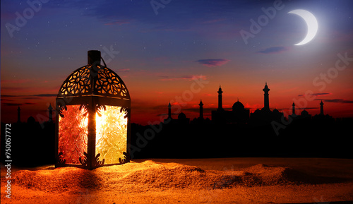 Ramadan lantern shines at night. shines at night Islamic greeting Eid Mubarak cards for Muslim Holidays.Eid-Ul-Adha festival celebration.Arabic. Crescent moon and the stars.