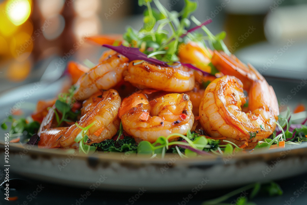 Fried shrimps on a plate with vegetables and microgreens Fried shrimps on a plate with vegetables and microgreens