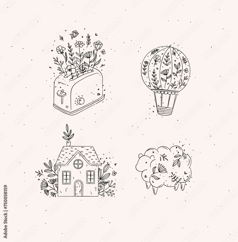 Hand drawn hot air balloon, toaster, village house, sheep icons drawing in floral style on light background