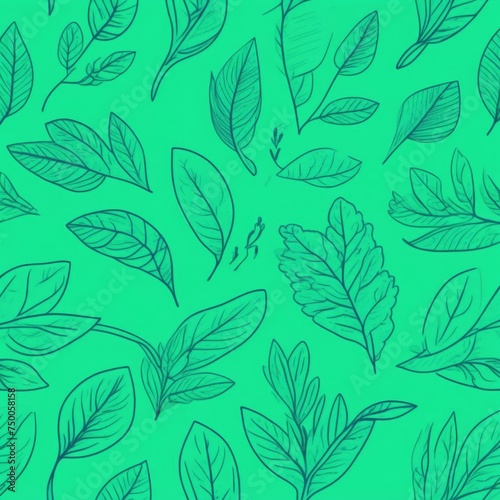 Green background with drawing of leaves and flowers. Drawing is of various types of leaves and flowers  with some of them being large and small. Concept of growth and vitality background. Copy space.