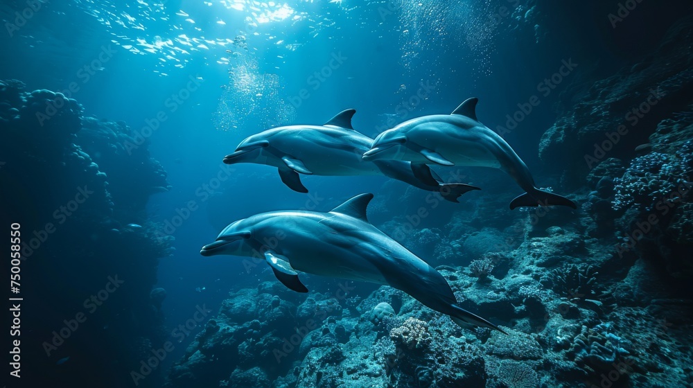 Dolphins swimming in clear blue ocean waters. Aquatic Sealife. Ocean. Endangered. Intelligent species. Dolphins swimming in clear blue ocean waters. Aquatic Sealife. Ocean. Endangered. Intelligent species.