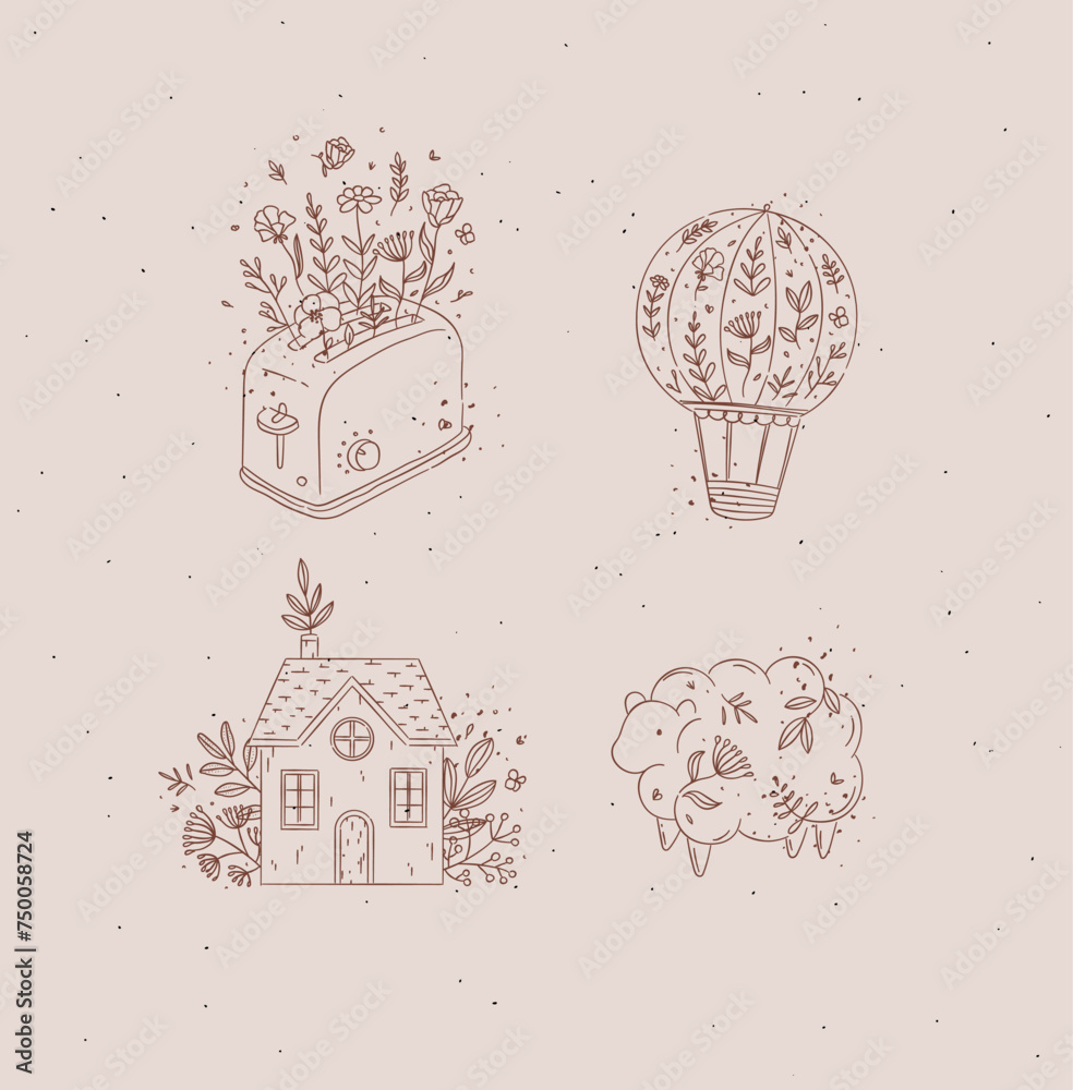 Hand drawn hot air balloon, toaster, village house, sheep icons drawing in floral style with brown on pink background
