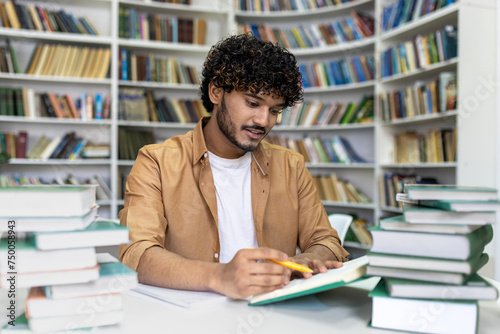 Bild auf Leinwand A dedicated student immersed in study amidst a pile of books in a library setting, indicative of academic rigor and preparation for university exams or admissions