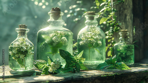 Enchanted Forest Potion Bottles, Mystical Alchemy and Herbal Magic, Fantasy and Nature Combined © NURA ALAM