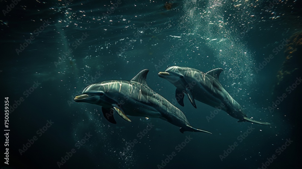 Fototapeta premium Dolphins swimming in clear blue ocean waters. Aquatic Sealife. Ocean. Endangered. Intelligent species. 