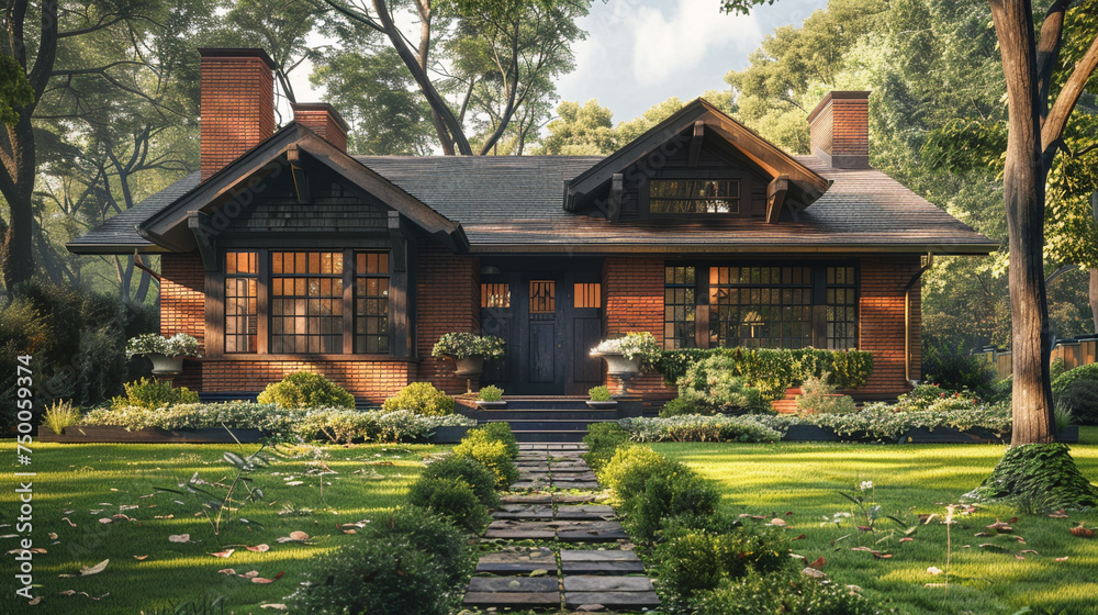 The charm of a suburban craftsman bungalow, its exterior featuring a mix of brick and wooden elements, surrounded by a neatly trimmed lawn.