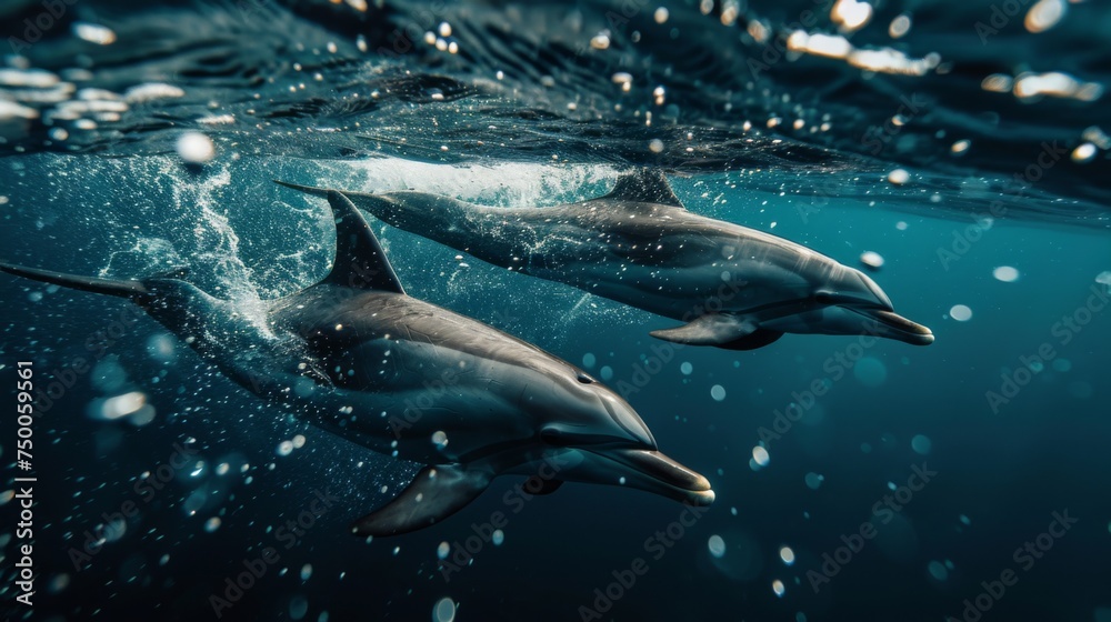 Obraz premium Dolphins swimming in clear blue ocean waters. Aquatic Sealife. Ocean. Endangered. Intelligent species. 