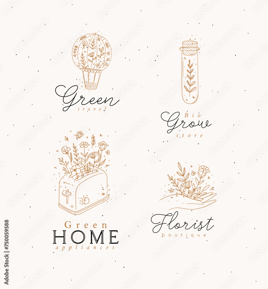 Hand drawn hot air balloon, test tube, hand, toaster labels drawing in floral style on beige background