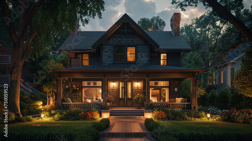The charm of a suburban craftsman house at night, illuminated by soft outdoor lighting, showcasing the warmth and character of its well-designed exterior.