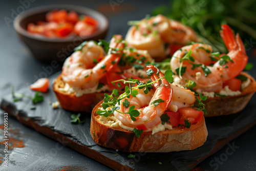 Close Up view of shrimp toasts with cream cheese and microgreens.
