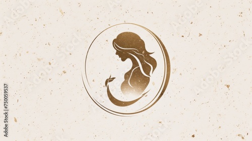 A mermaid silhouette encased in a round frame rendered in a golden hue on a textured beige background
