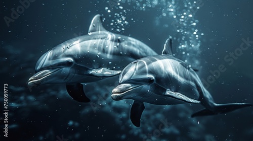 Dolphins swimming in clear blue ocean waters. Aquatic Sealife. Ocean. Endangered. Intelligent species. 