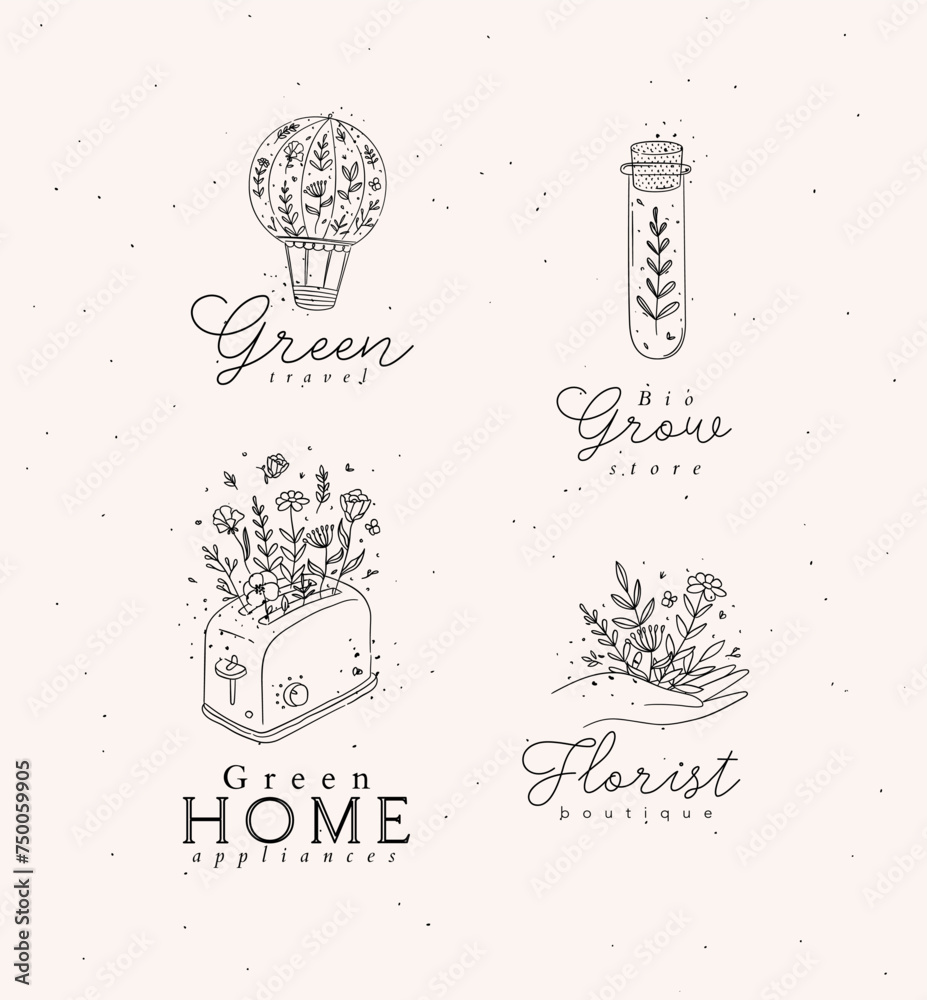 Hand drawn hot air balloon, test tube, hand, toaster labels drawing in floral style on light background