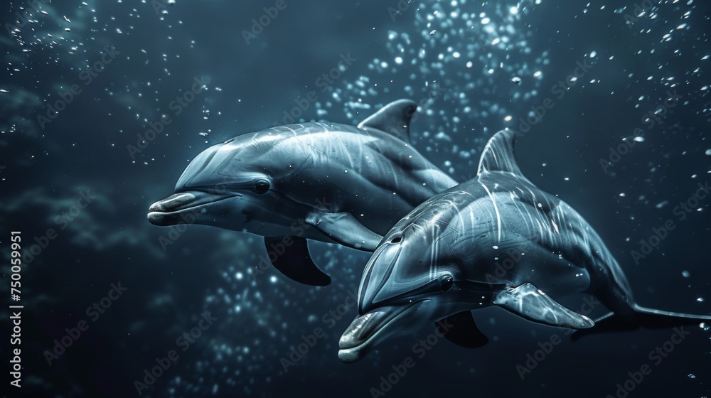 Dolphins swimming in clear blue ocean waters. Aquatic Sealife. Ocean. Endangered. Intelligent species. 
