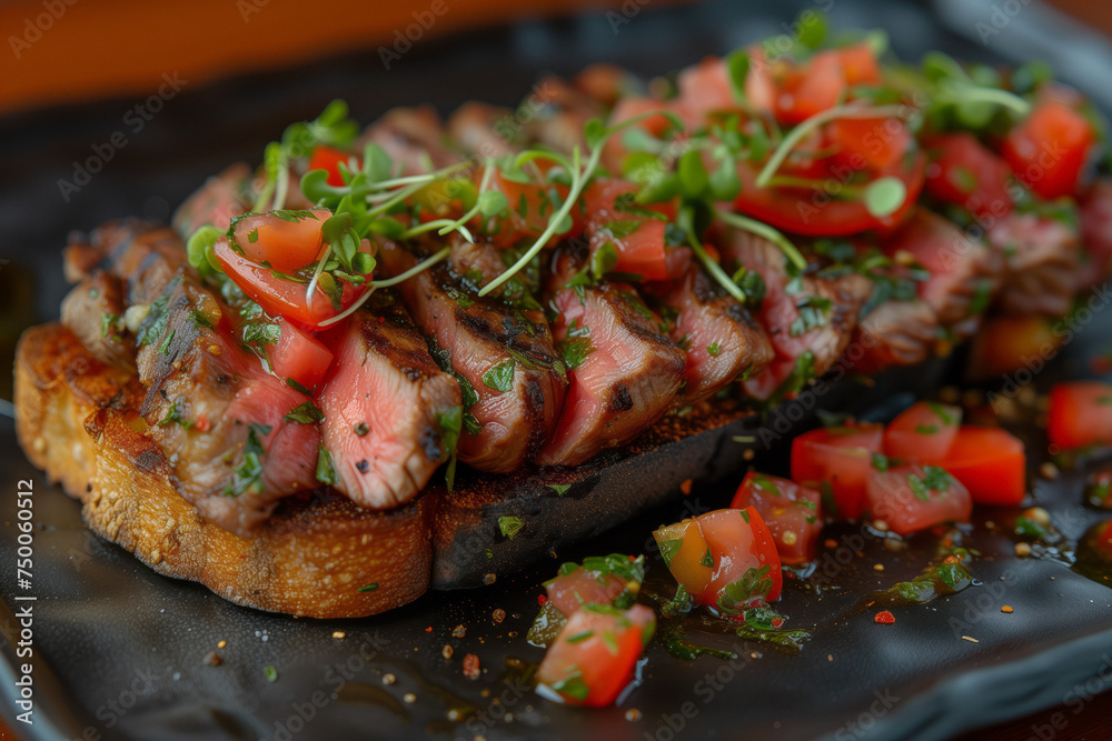 Savory Homemade Corned Beef Toast with cut tomatoes and microgreens