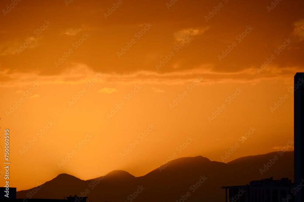 plant at sunset. Sunset and silhouettes of mountains surrounding Santo Domingo, Dominican Republic 