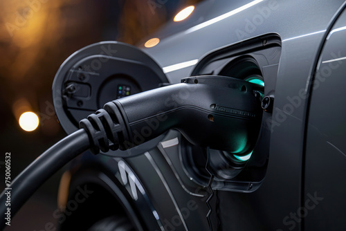 Close-up of electric car charging.