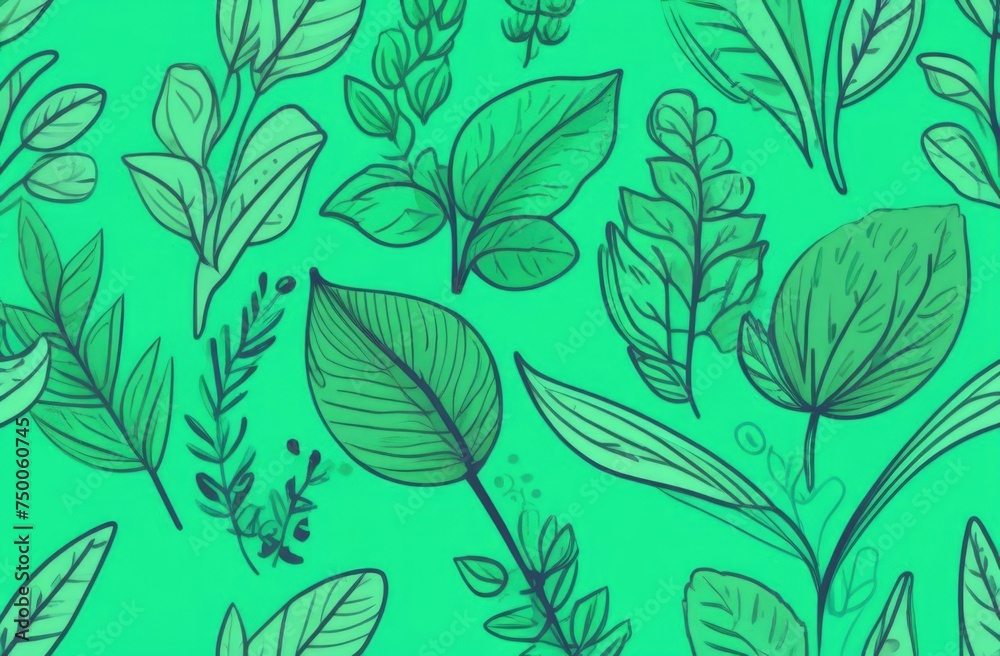 Green background with drawing of leaves and flowers. Drawing is of various types of leaves and flowers, with some of them being large and small. Concept of growth and vitality background. Copy space.