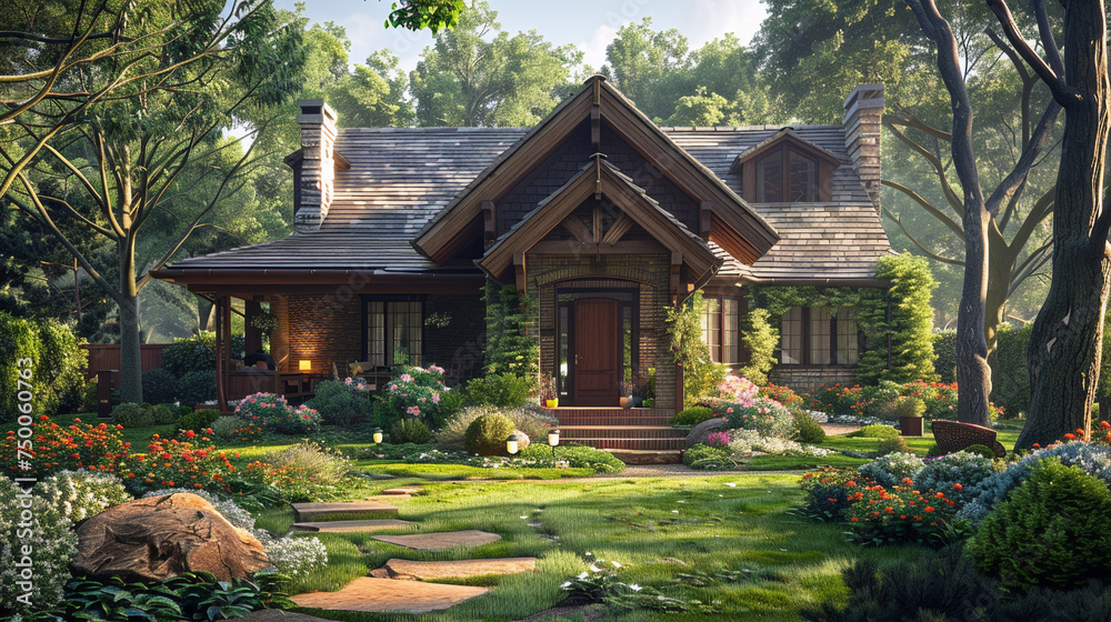 The exterior of a craftsman cottage with a well-tended garden, its design capturing the essence of suburban living with a touch of timeless elegance.