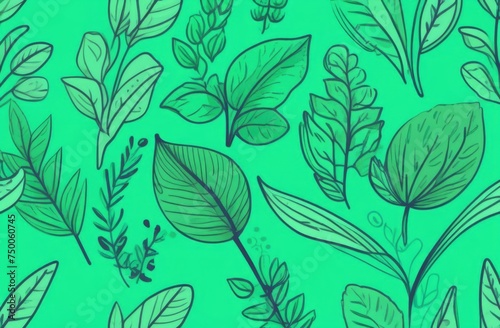 Green background with drawing of leaves and flowers. Drawing is of various types of leaves and flowers  with some of them being large and small. Concept of growth and vitality background. Copy space.