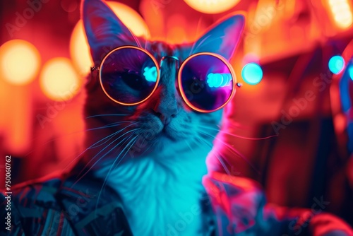 Cute cat in neon colors wearing sunglasses and stylish suit against blurred neon background, creative cat party concept   © Sunny