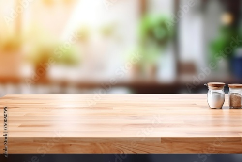 An empty wooden table overlooking a light brighten blurred defocused kitchen for representive your product with copyspace © Maks 