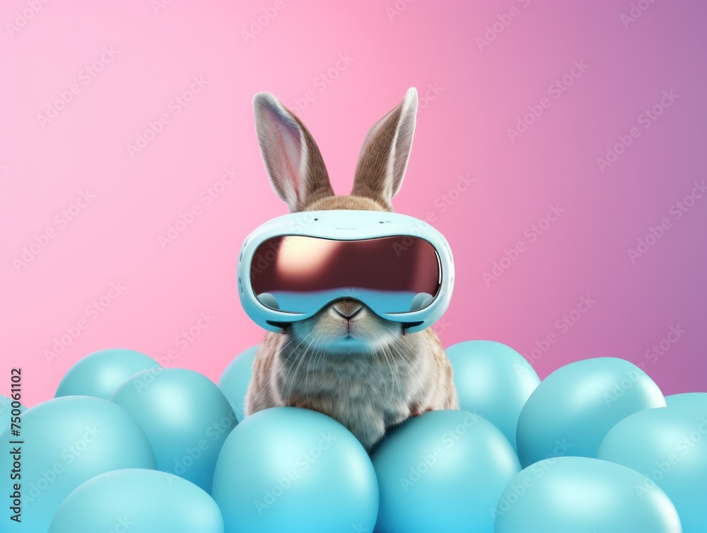 A bunny with VR glasses sits in the middle of blue Easter eggs against a pink background.