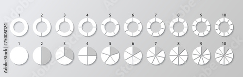 Circle section graph. Circular structure divided into segments. Piechart with slices. Round chart in white and gray colors. Pie diagram template. Set schemes. Vector illustration