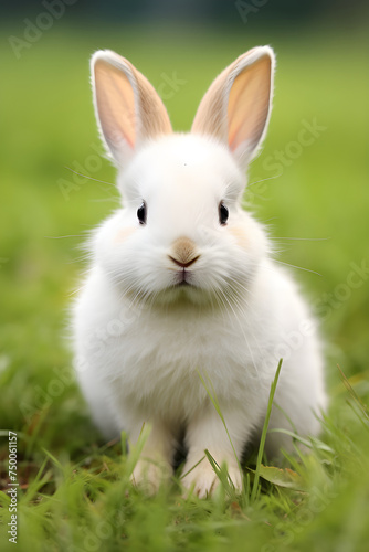 Innocent Beauty of Nature: Adorable White Bunny in Fresh Green Grass Under Clear Blue Sky