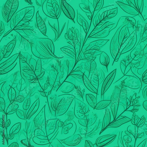 Green background with drawing of leaves and flowers. Drawing is of various types of leaves and flowers  with some of them being large and small. Concept of growth and vitality background. Copy space.