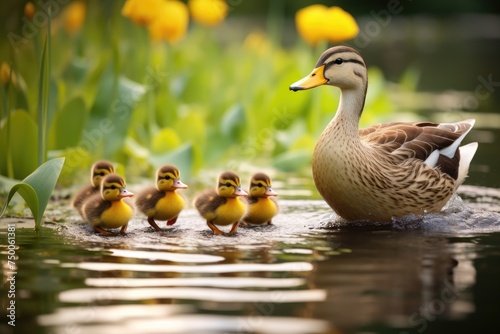 A mother duck leading her ducklings across a pond. duck swimming in the pond in the park beauty of nature's , Ai generated