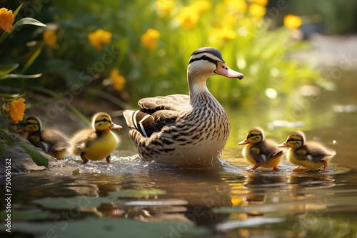A mother duck leading her ducklings across a pond. duck swimming in the pond in the park beauty of nature's  , Ai generated © Tanu