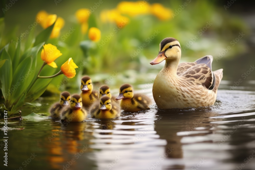 Wildlife moment as A mother duck leading her ducklings across a pond. Mallard duck family reflects in tranquil pond generated, Ai generated Wildlife moment as A mother duck leading her ducklings across a pond. Mallard duck family reflects in tranquil pond generated, Ai generated