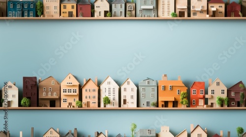 Row of Wooden Houses on Shelf
